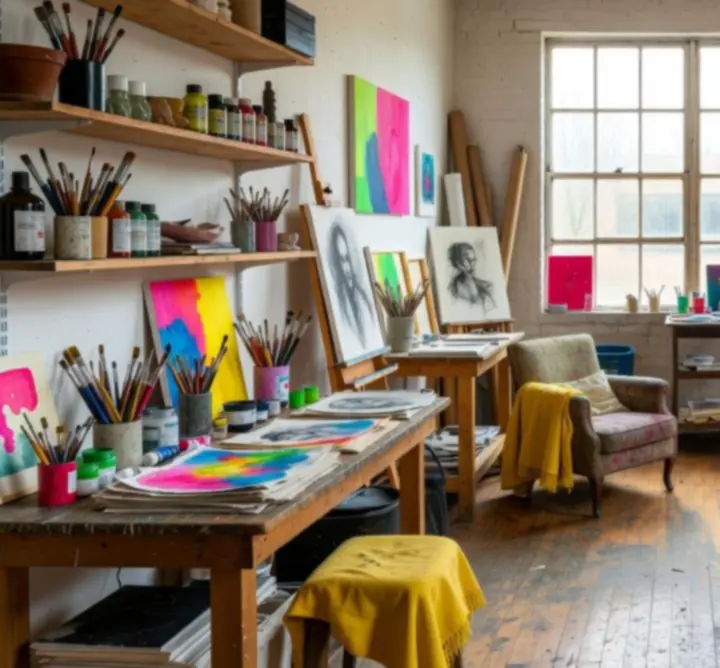 Vue d’ensemble d’un petit studio créatif, aux lignes épurées et rangements intégrés.