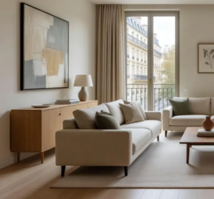 Intérieur élégamment décoré avec une palette de tons neutres et des finitions raffinées.