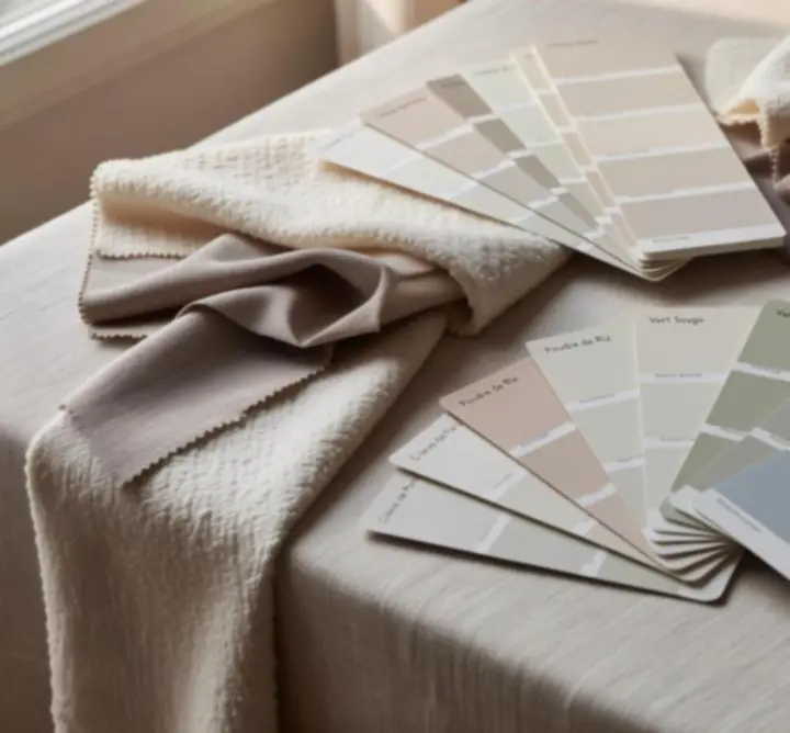 Sélection de palettes de couleurs neutres et raffinées pour un intérieur contemporain.