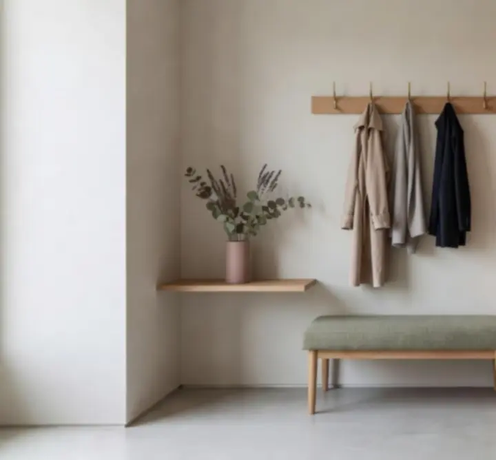 Entrée d’une maison contemporaine avec console minimaliste et palette de tons neutres.