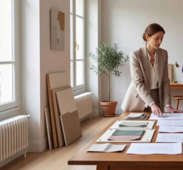 Équipe Norvexxia Design en train de travailler dans le studio, autour de plans et d’échantillons de matériaux.