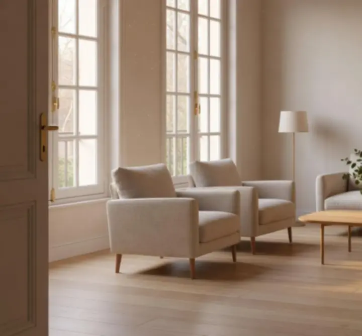 Salon contemporain français à la décoration raffinée conçu par Norvexxia.