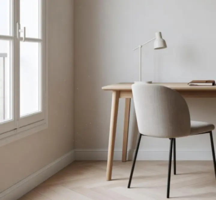 Coin bureau élégant et épuré intégré dans un séjour contemporain.