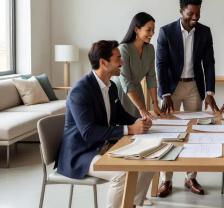 Équipe Norvexxia en séance de conseil en aménagement intérieur.