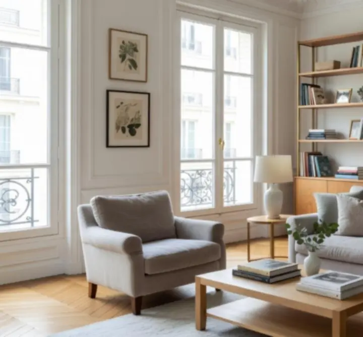 Séjour d’un appartement parisien avec moulures, grandes fenêtres et palette de neutres chauds.