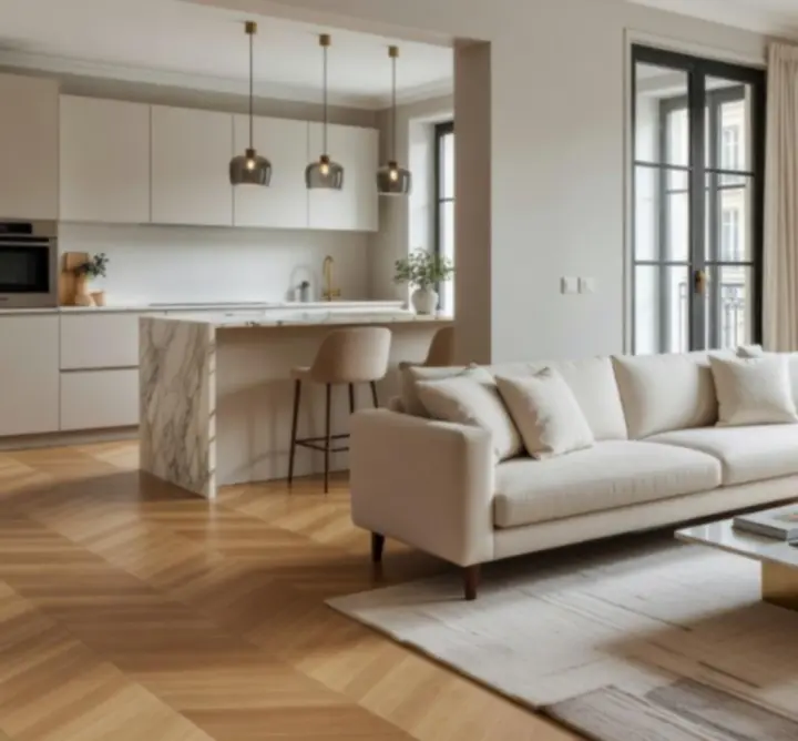 Vue d’un salon contemporain aux tons neutres, signé Norvexxia Design.