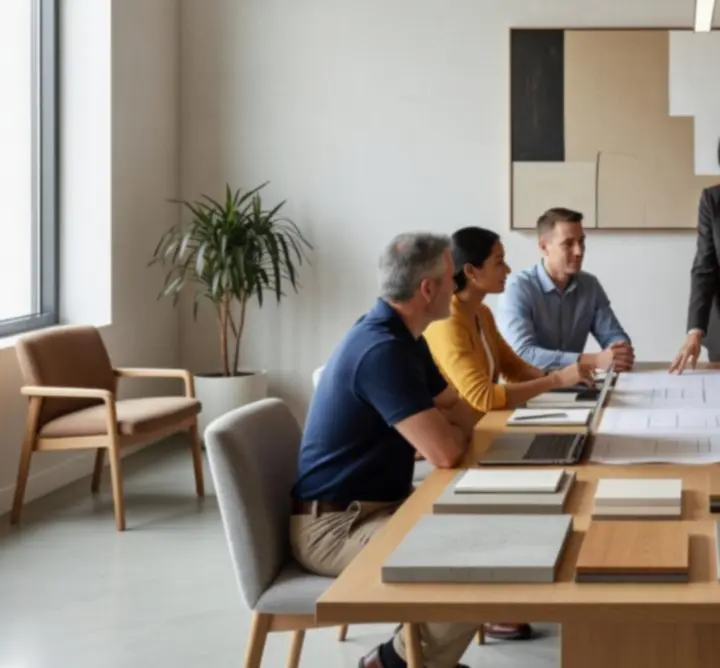 Réunion de coordination entre Norvexxia Design et des artisans pour suivre l'avancement d'un chantier.