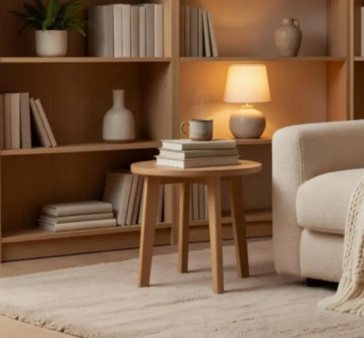 Coin lecture cosy avec fauteuil, lampe douce et textiles réconfortants.