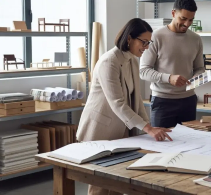 Équipe de design Norvexxia échangeant avec un client dans un intérieur soigneusement aménagé.